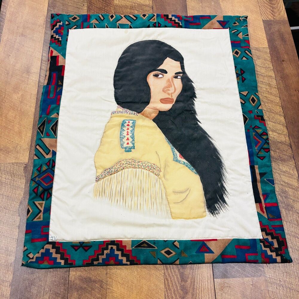 Vintage Native American Woman Quilted Wall Hanging Hand Painted 28x22